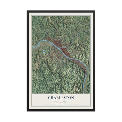 Map of Charleston, West Virginia, 12 x 18 inch print in a black wood frame