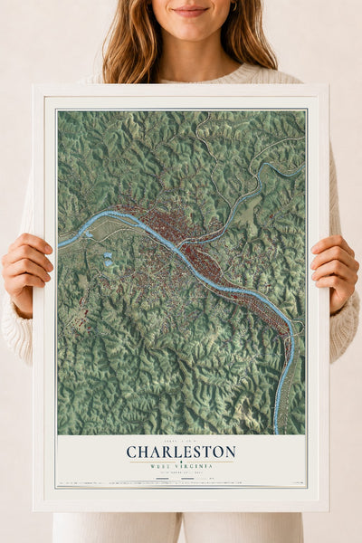Map of Charleston, West Virginia, 18 x 24 inch print in a white wood frame