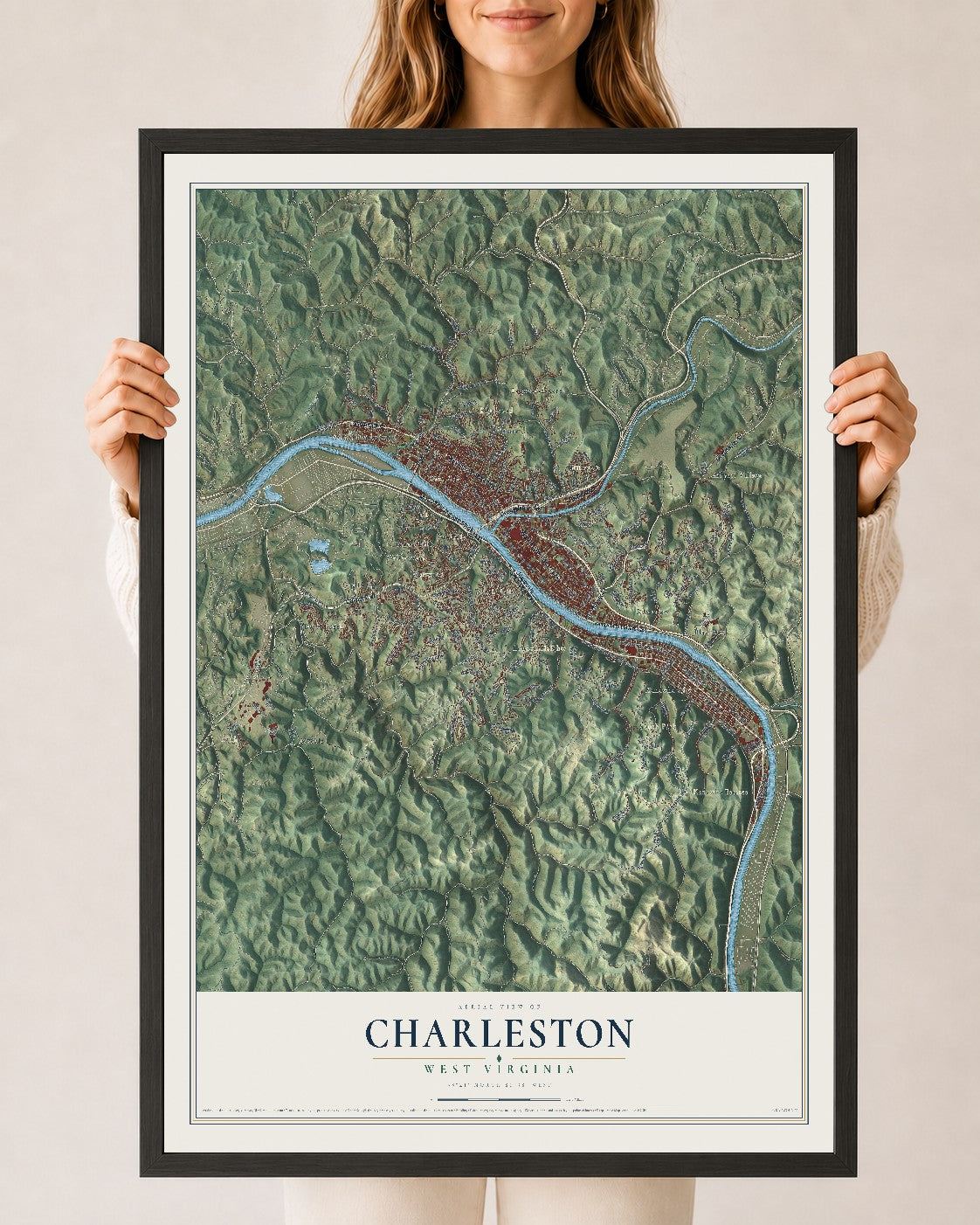 Map of Charleston, West Virginia, 24 x 36 inch print in a black wood frame
