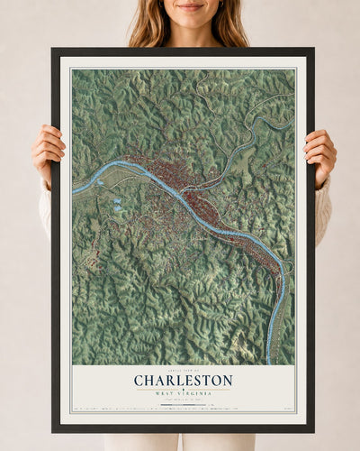 Map of Charleston, West Virginia, 24 x 36 inch print in a black wood frame