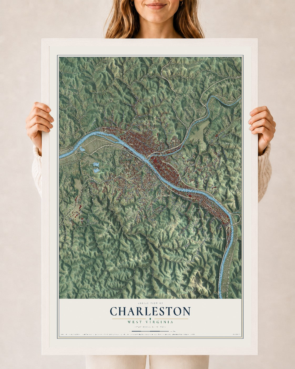 Map of Charleston, West Virginia, 24 x 36 inch print in a white wood frame