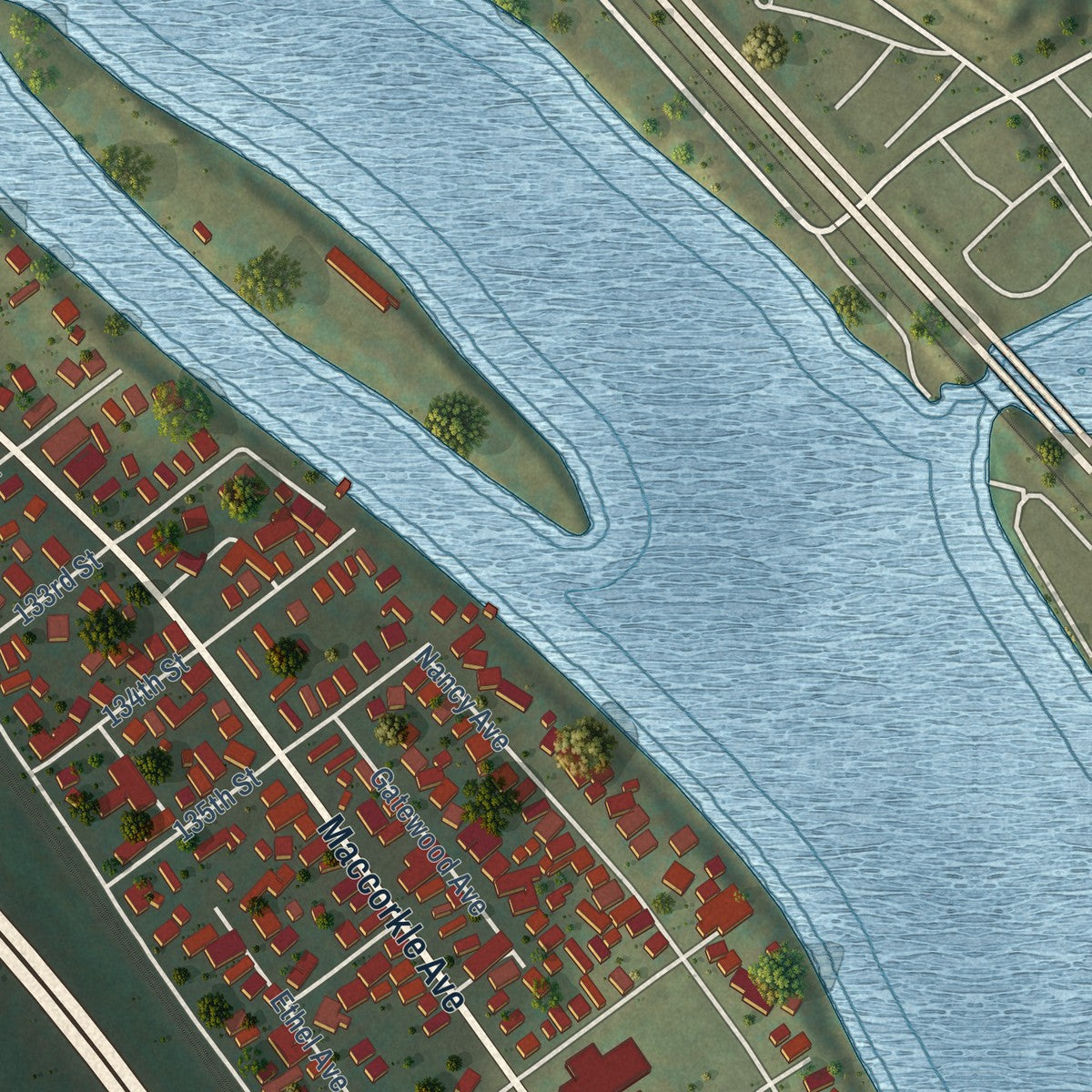 Close-up of the map of Chesapeake, West Virginia print showing street and building detail