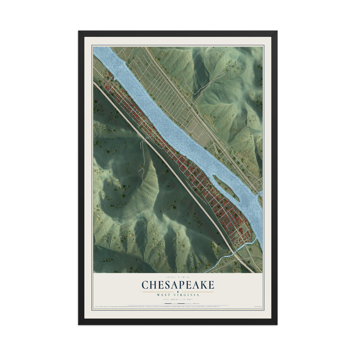 Map of Chesapeake, West Virginia, 12 x 18 inch print in a black wood frame