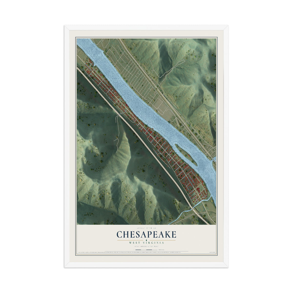 Map of Chesapeake, West Virginia, 12 x 18 inch print in a white wood frame