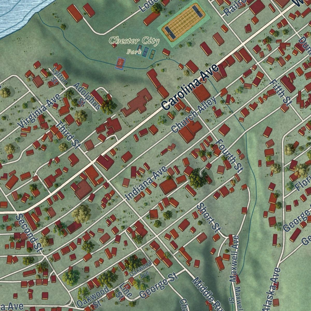 Close-up of the map of Chester, West Virginia print showing street and building detail