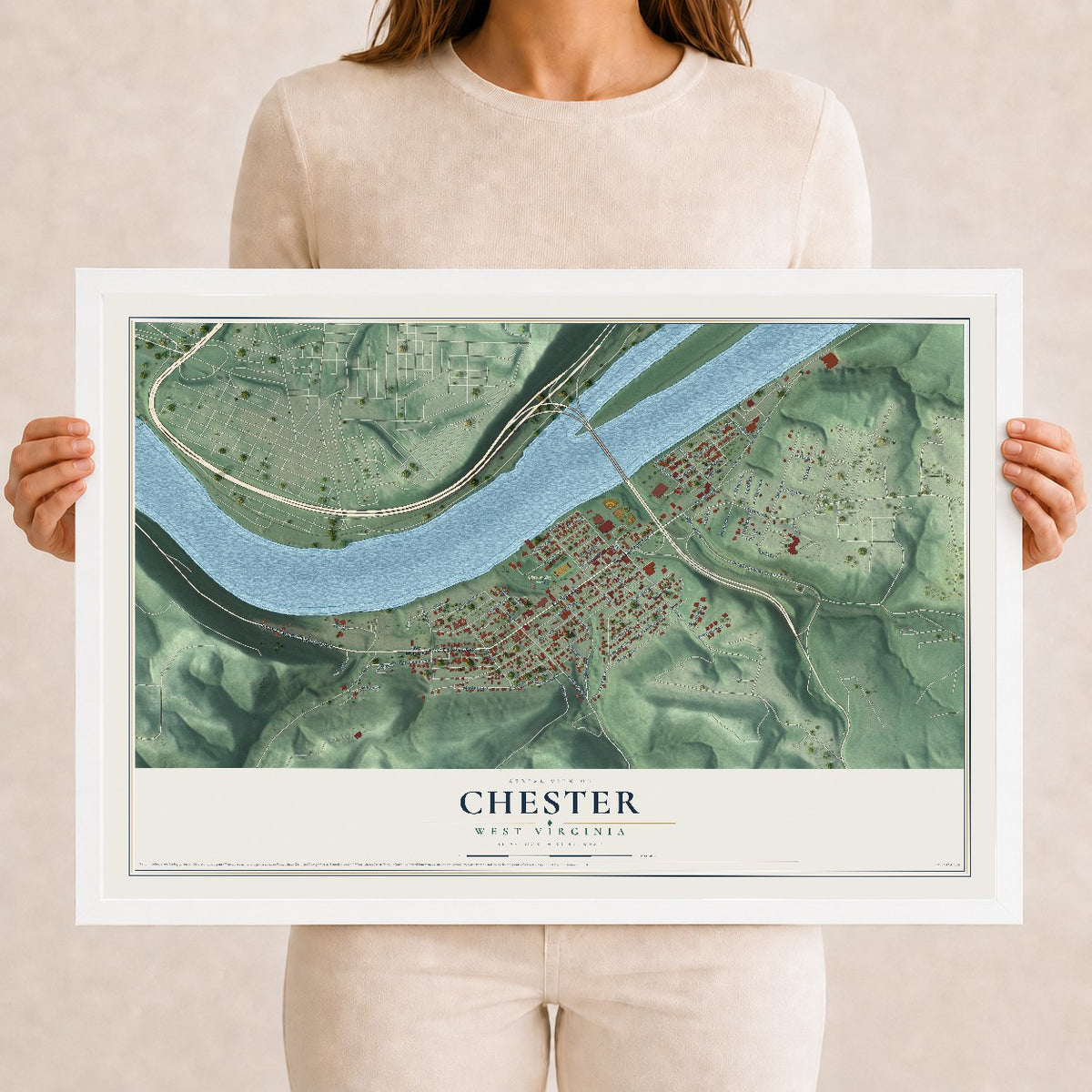 Map of Chester, West Virginia, 12 x 18 inch print in a white wood frame