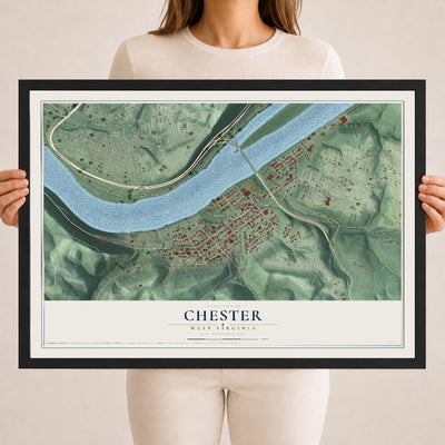 Map of Chester, West Virginia, 18 x 24 inch print in a black wood frame