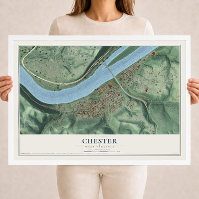 Map of Chester, West Virginia, 18 x 24 inch print in a white wood frame