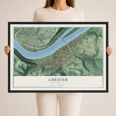 Map of Chester, West Virginia, 24 x 36 inch print in a black wood frame