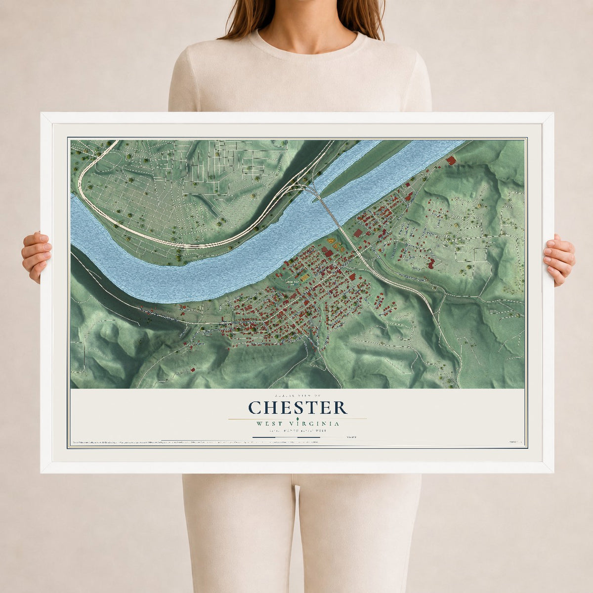 Map of Chester, West Virginia, 24 x 36 inch print in a white wood frame