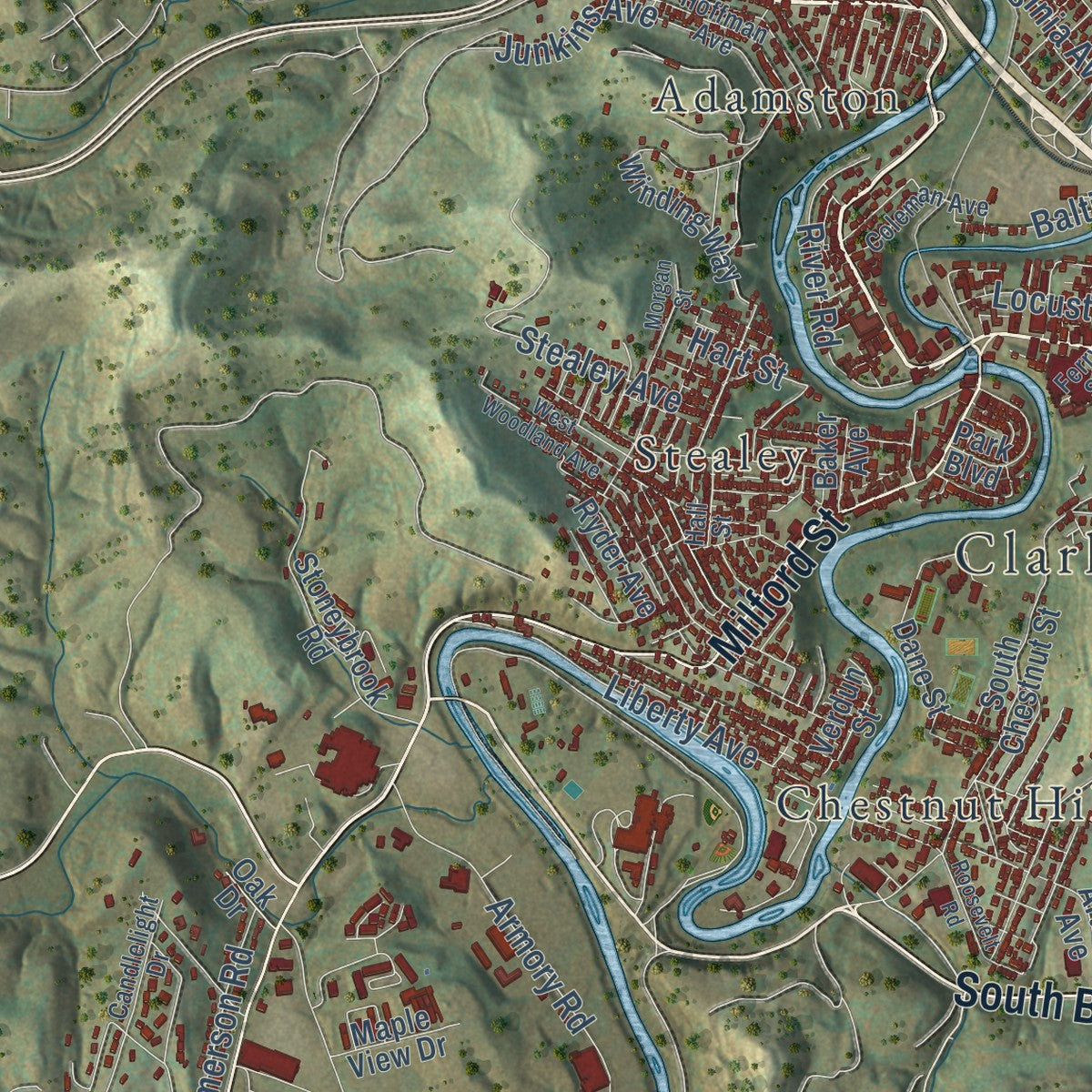 Second close-up of the map of Clarksburg, West Virginia print showing more streets and buildings