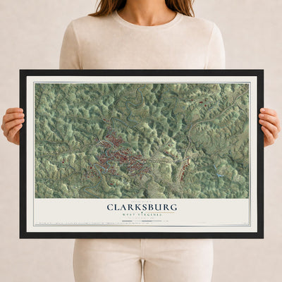 Map of Clarksburg, West Virginia, 12 x 18 inch print in a black wood frame