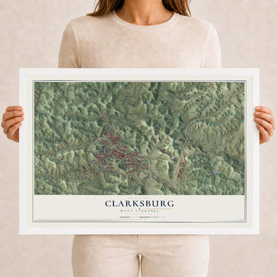 Map of Clarksburg, West Virginia, 12 x 18 inch print in a white wood frame