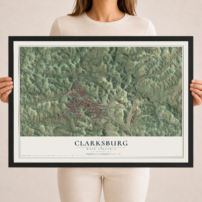 Map of Clarksburg, West Virginia, 18 x 24 inch print in a black wood frame
