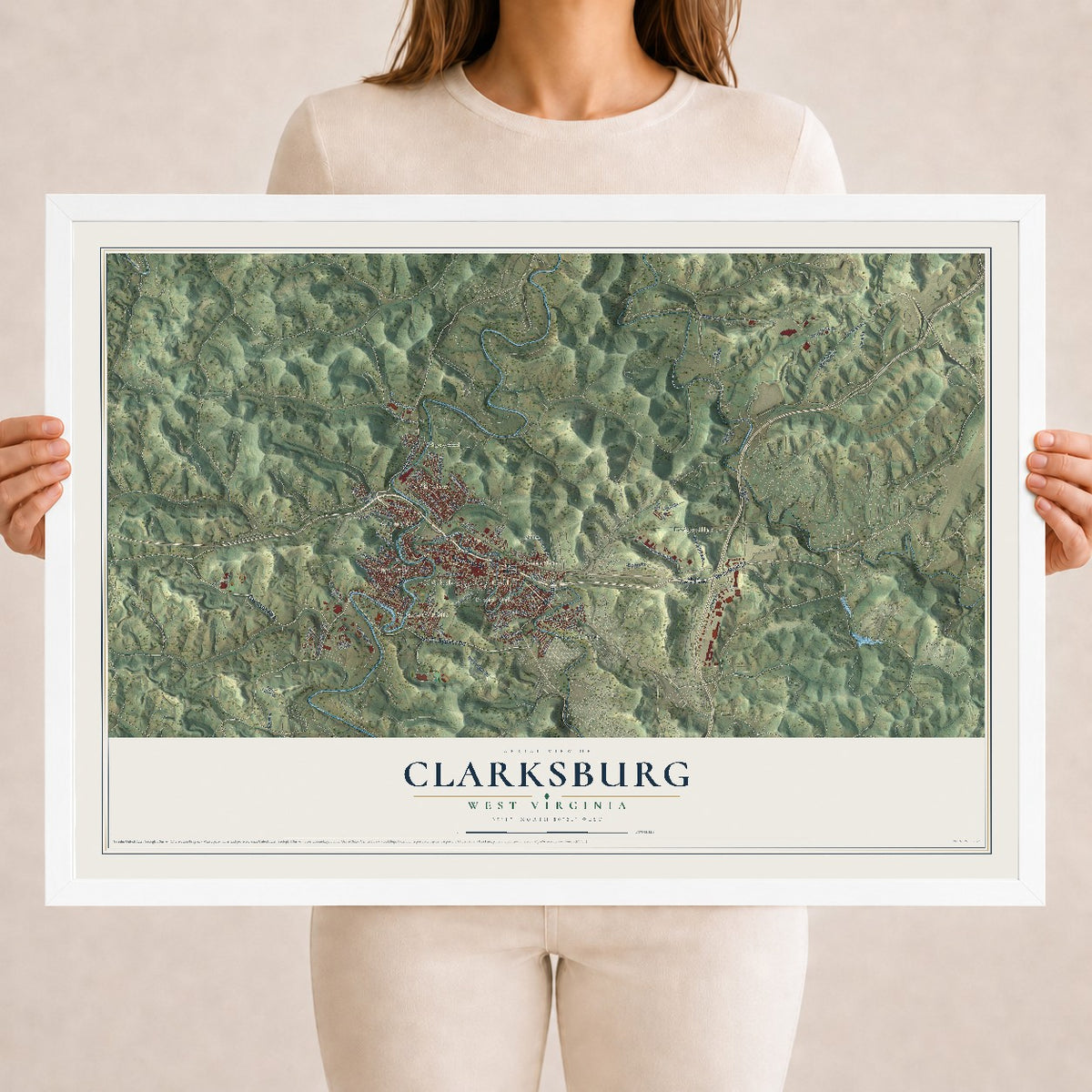 Map of Clarksburg, West Virginia, 18 x 24 inch print in a white wood frame