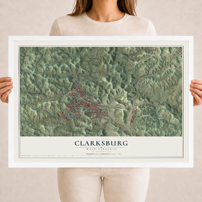 Map of Clarksburg, West Virginia, 18 x 24 inch print in a white wood frame