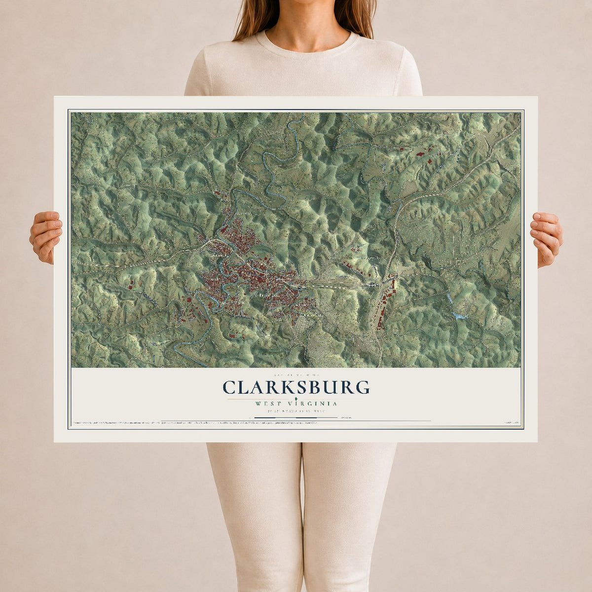 Map of Clarksburg, West Virginia, 24 x 36 inch unframed archival matte print