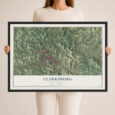 Map of Clarksburg, West Virginia, 24 x 36 inch print in a black wood frame