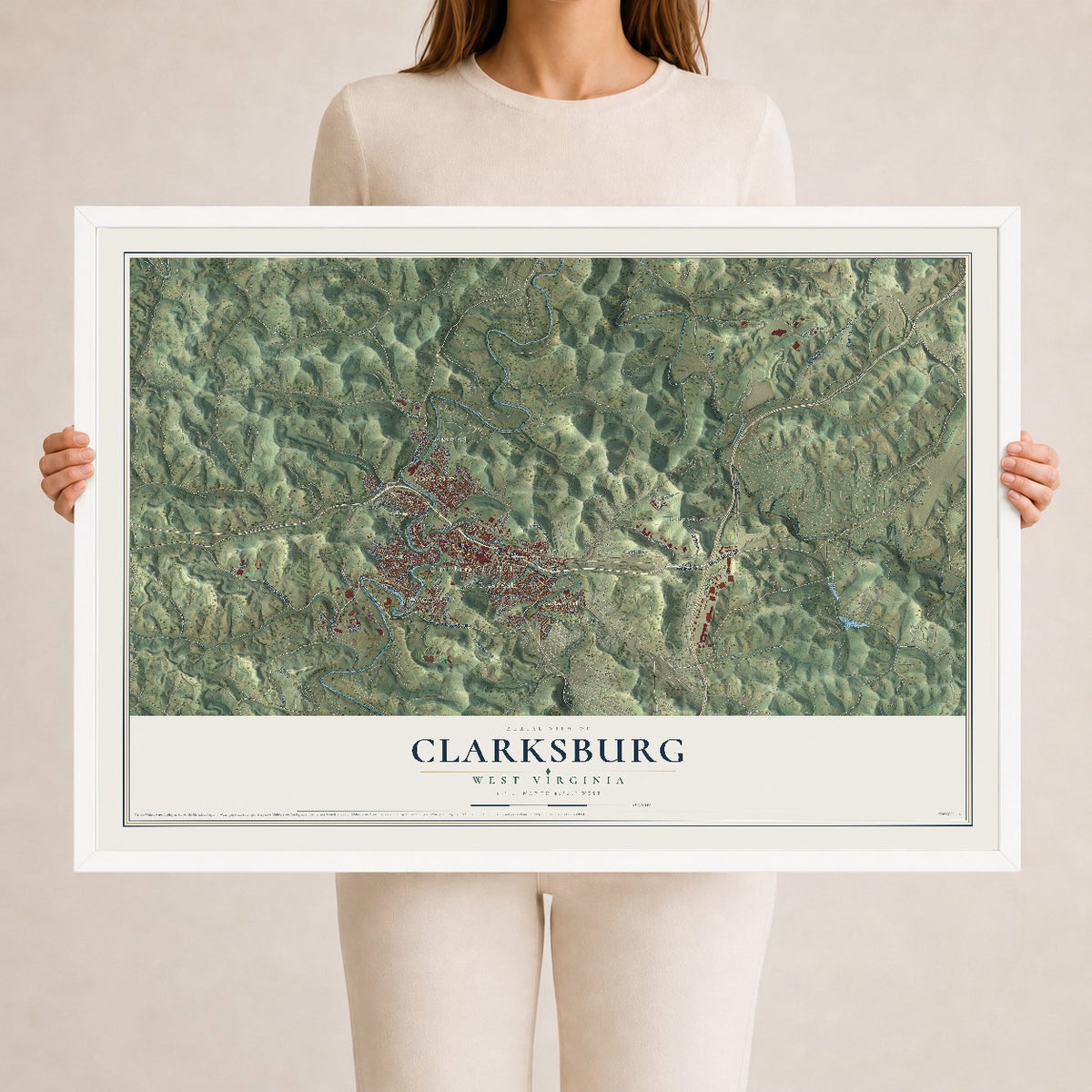 Map of Clarksburg, West Virginia, 24 x 36 inch print in a white wood frame