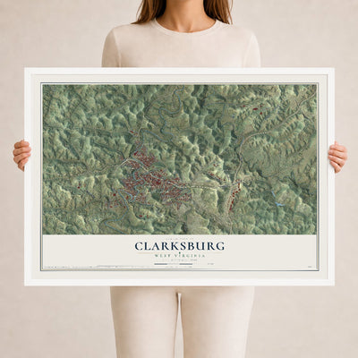 Map of Clarksburg, West Virginia, 24 x 36 inch print in a white wood frame