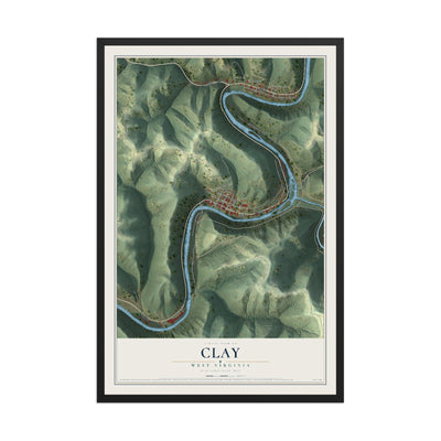 Map of Clay, West Virginia, 12 x 18 inch print in a black wood frame