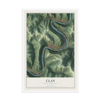 Map of Clay, West Virginia, 12 x 18 inch print in a white wood frame