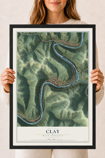 Map of Clay, West Virginia, 18 x 24 inch print in a black wood frame
