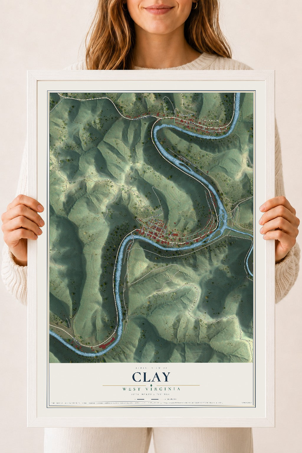 Map of Clay, West Virginia, 18 x 24 inch print in a white wood frame