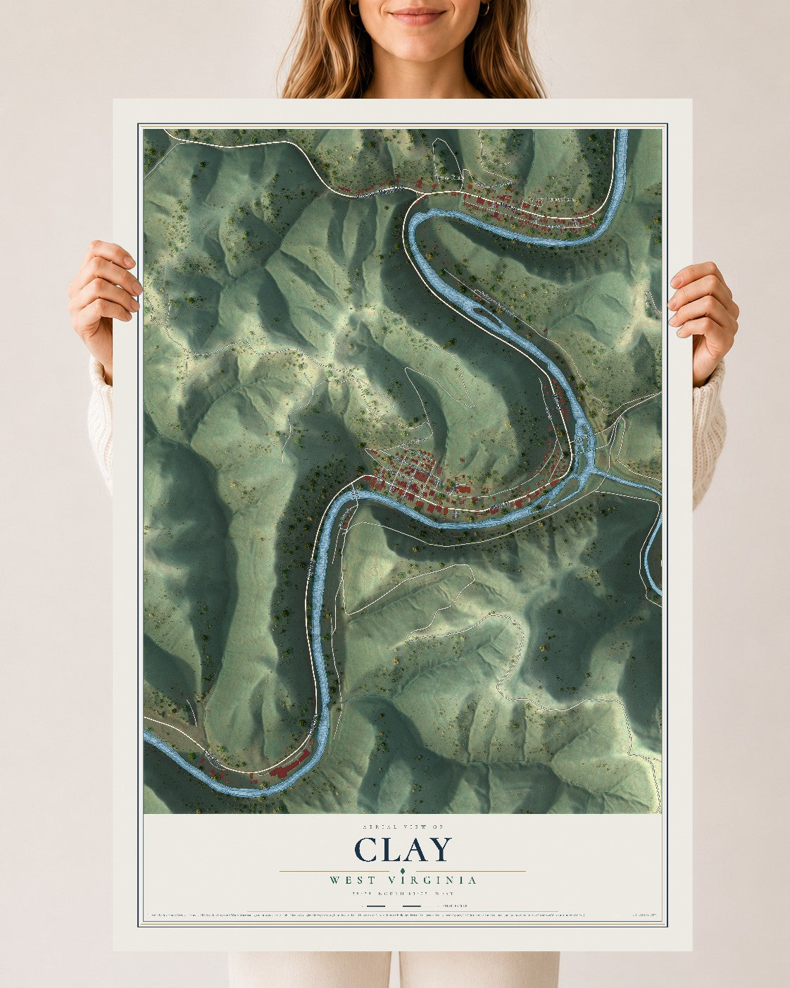 Map of Clay, West Virginia, 24 x 36 inch unframed archival matte print