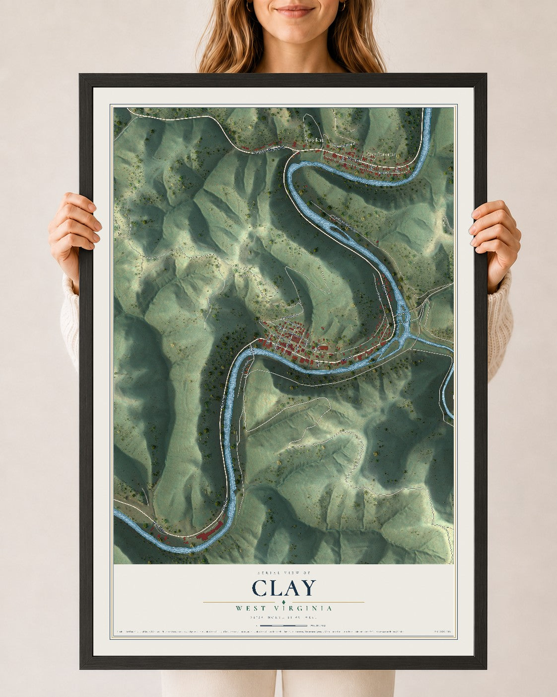 Map of Clay, West Virginia, 24 x 36 inch print in a black wood frame
