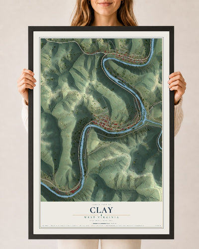 Map of Clay, West Virginia, 24 x 36 inch print in a black wood frame