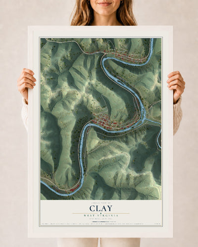Map of Clay, West Virginia, 24 x 36 inch print in a white wood frame