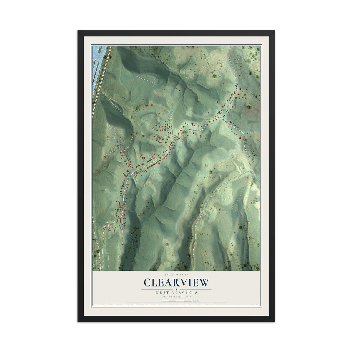 Map of Clearview, West Virginia, 12 x 18 inch print in a black wood frame