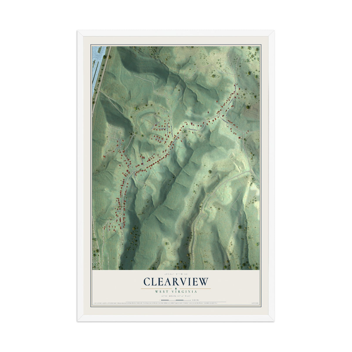 Map of Clearview, West Virginia, 12 x 18 inch print in a white wood frame