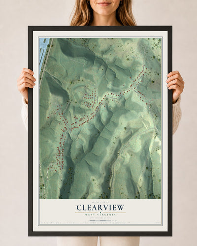 Map of Clearview, West Virginia, 24 x 36 inch print in a black wood frame