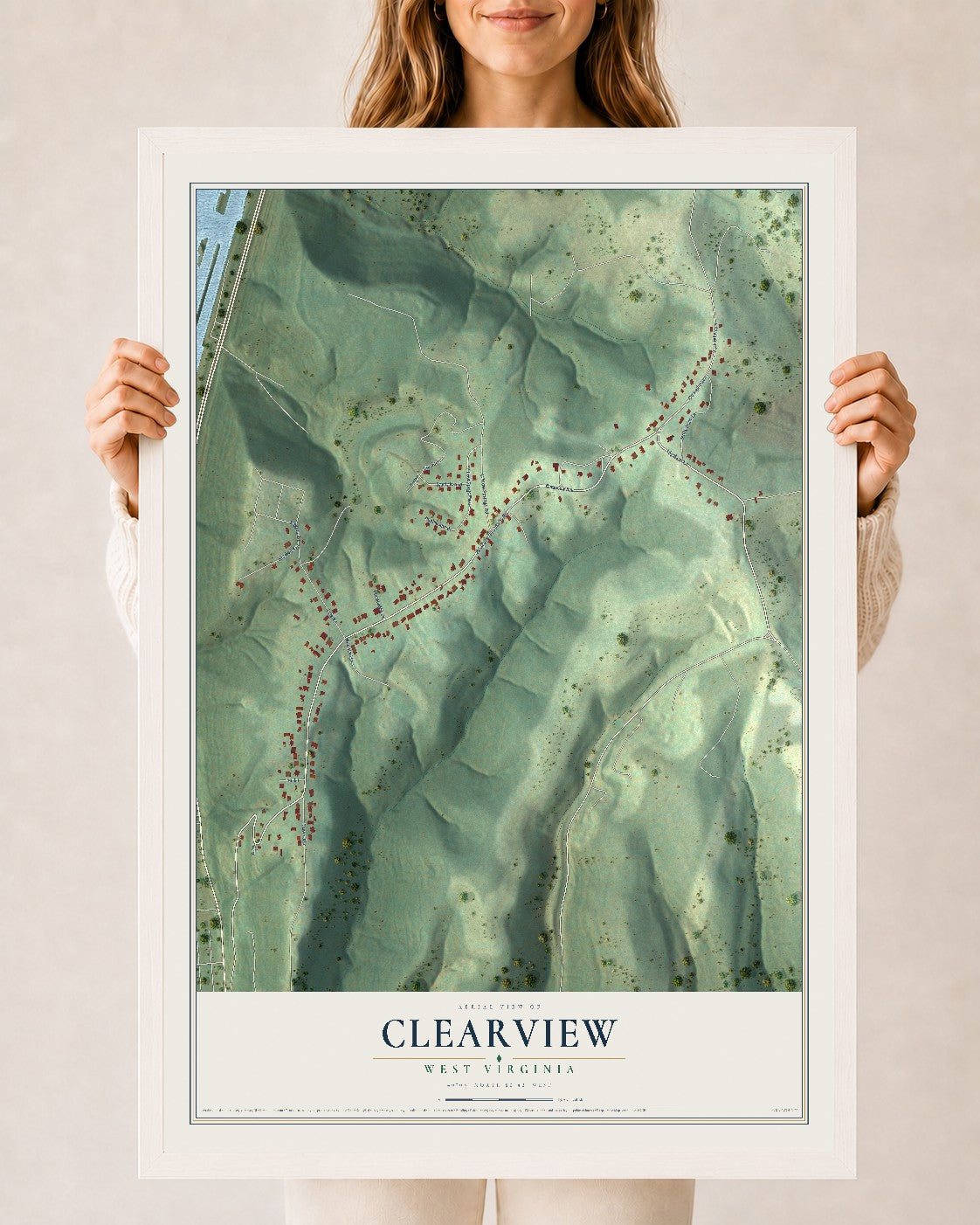 Map of Clearview, West Virginia, 24 x 36 inch print in a white wood frame