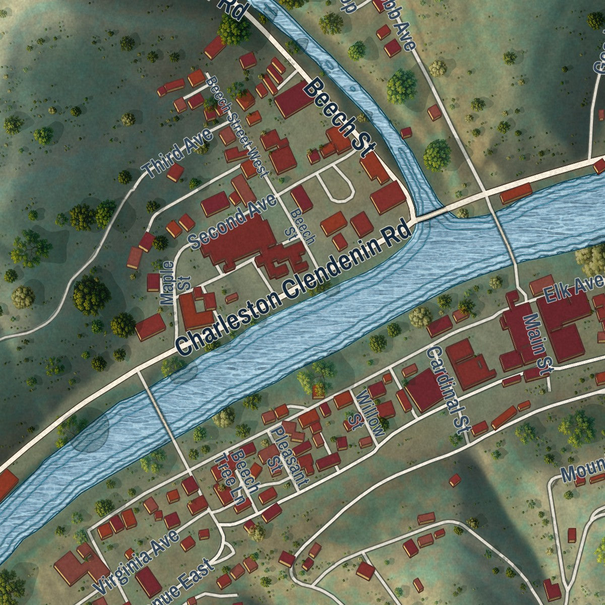 Close-up of the map of Clendenin, West Virginia print showing street and building detail