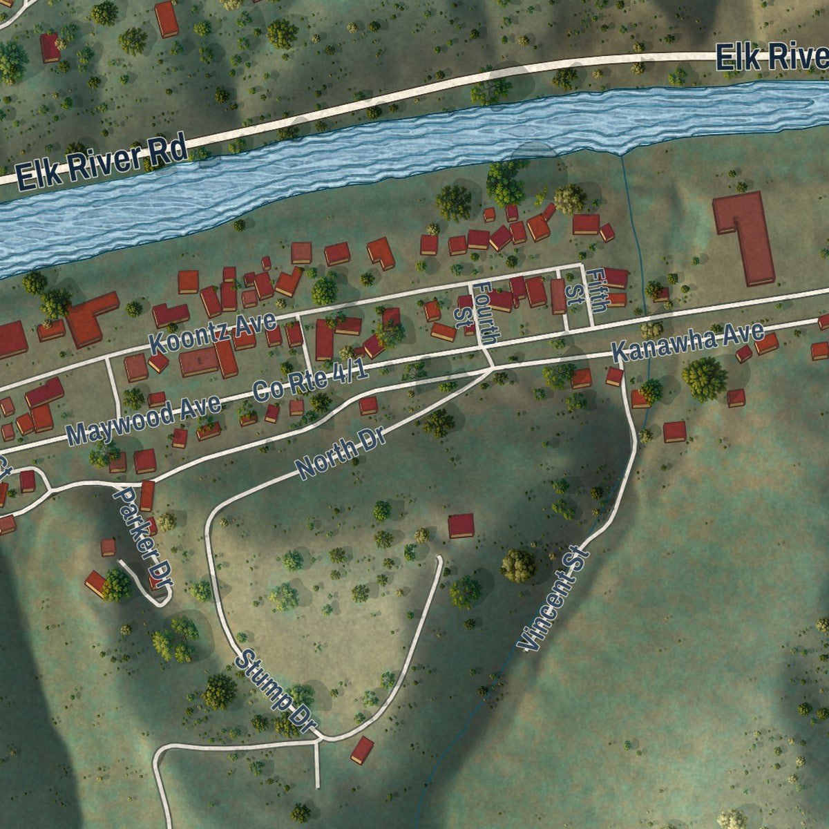 Second close-up of the map of Clendenin, West Virginia print showing more streets and buildings