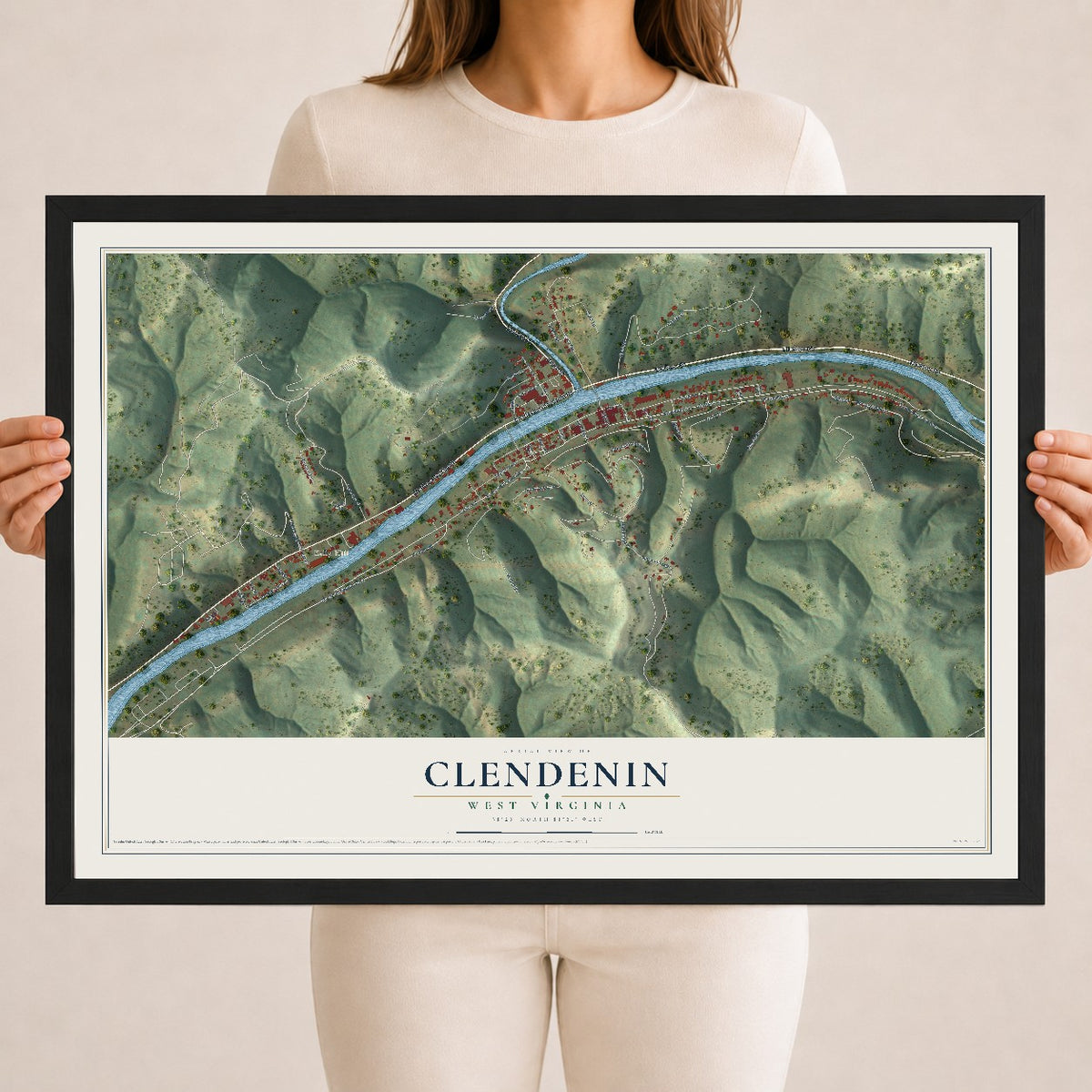 Map of Clendenin, West Virginia, 18 x 24 inch print in a black wood frame