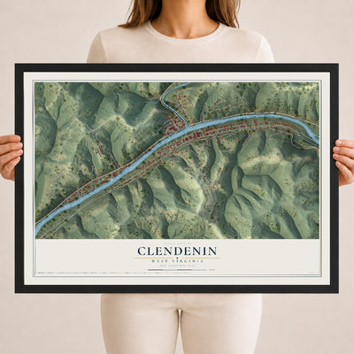 Map of Clendenin, West Virginia, 18 x 24 inch print in a black wood frame