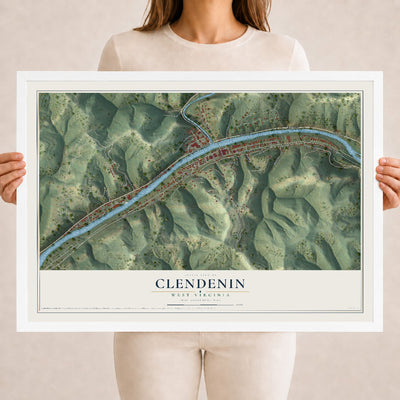 Map of Clendenin, West Virginia, 18 x 24 inch print in a white wood frame