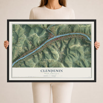 Map of Clendenin, West Virginia, 24 x 36 inch print in a black wood frame