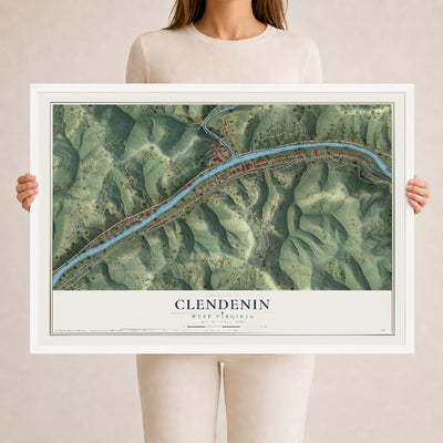 Map of Clendenin, West Virginia, 24 x 36 inch print in a white wood frame