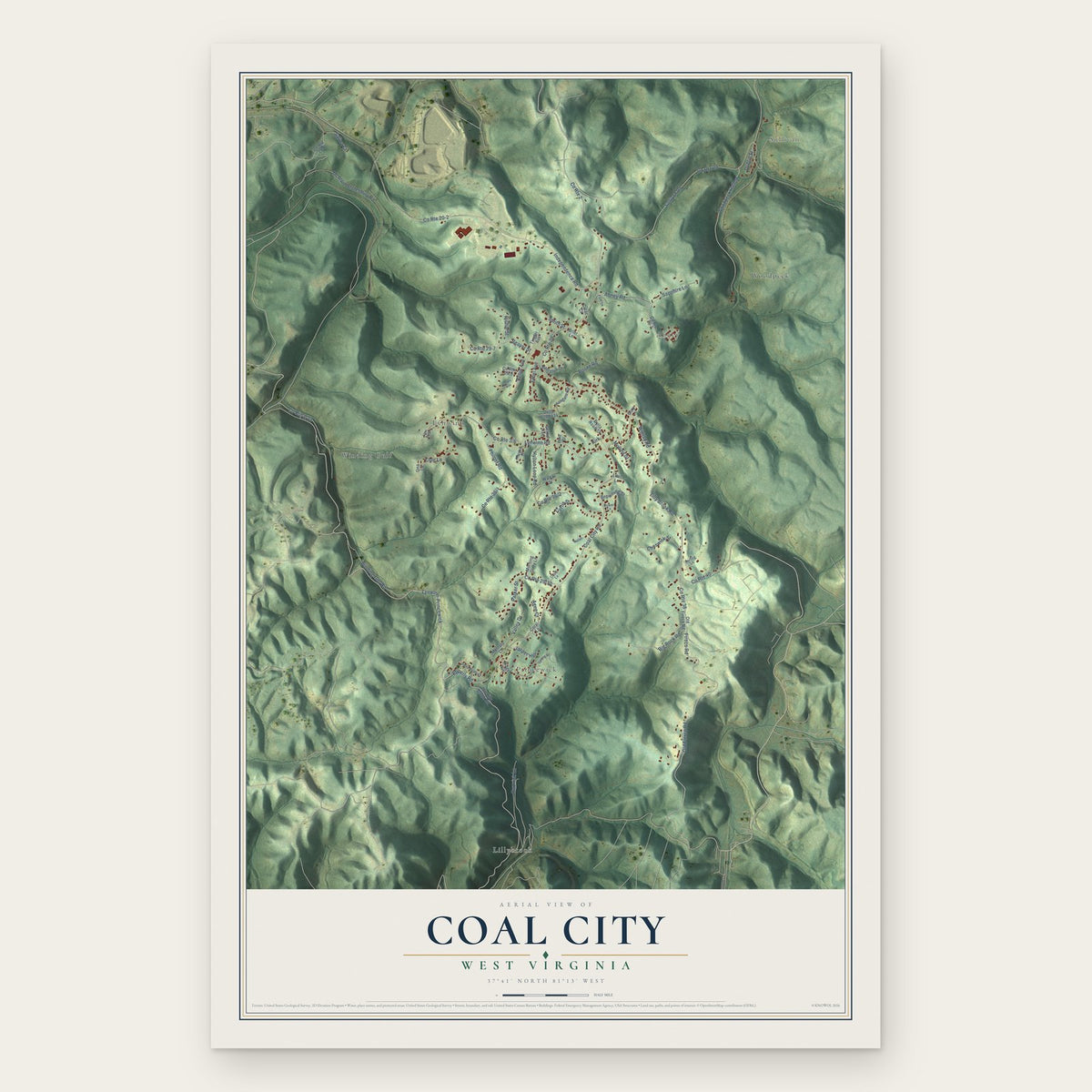 Coal City, West Virginia map print, the full design