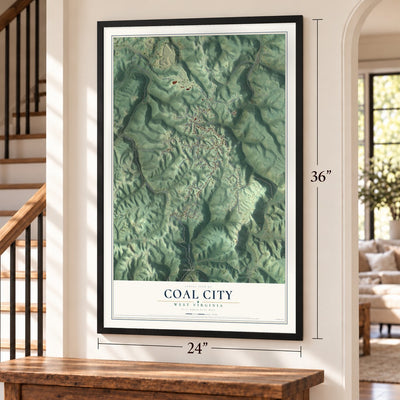 Coal City, West Virginia map, 24 x 36 inch print in a black frame by a staircase