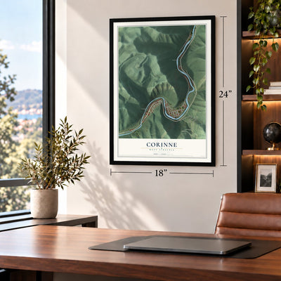 Corinne, West Virginia map, 18 x 24 inch print in a black frame in a home office