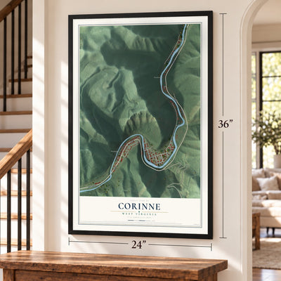 Corinne, West Virginia map, 24 x 36 inch print in a black frame by a staircase