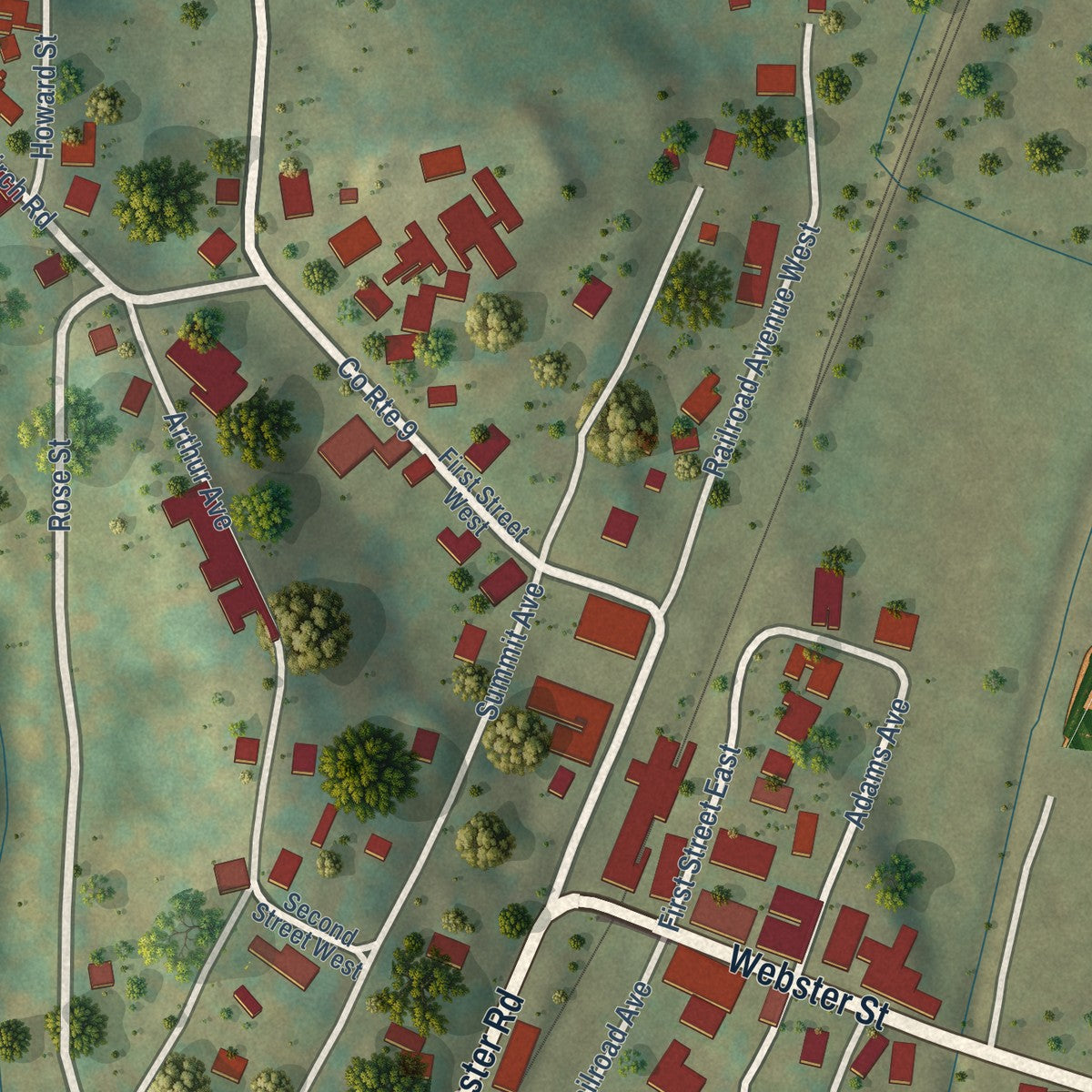 Close-up of the map of Cowen, West Virginia print showing street and building detail