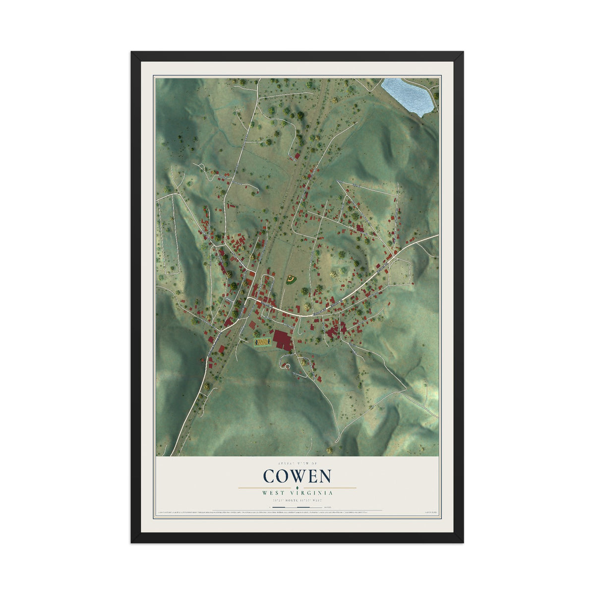 Map of Cowen, West Virginia, 12 x 18 inch print in a black wood frame
