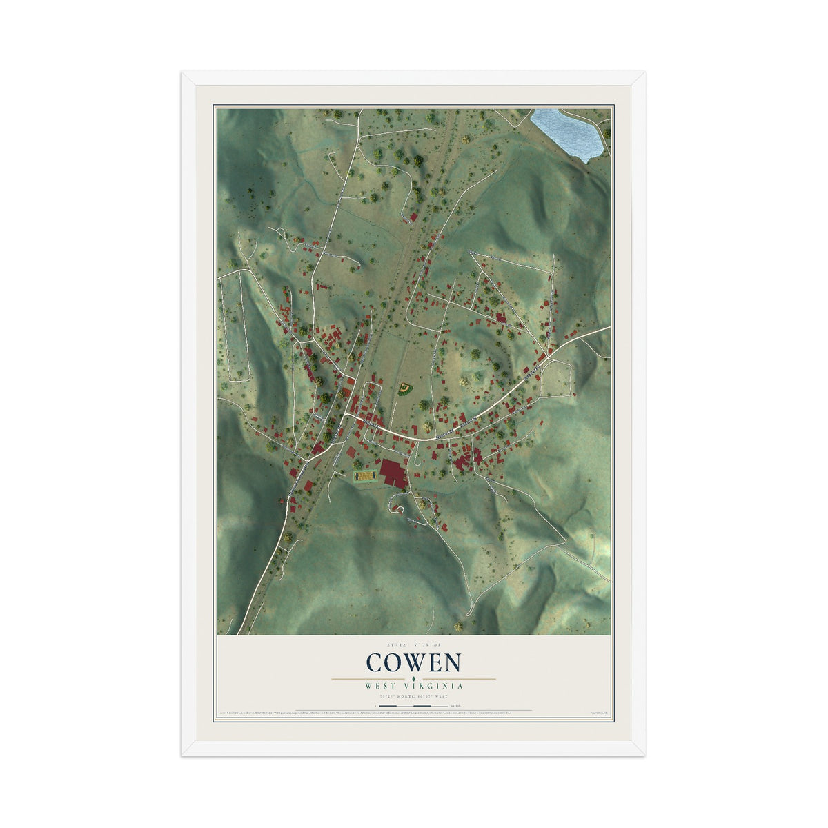 Map of Cowen, West Virginia, 12 x 18 inch print in a white wood frame